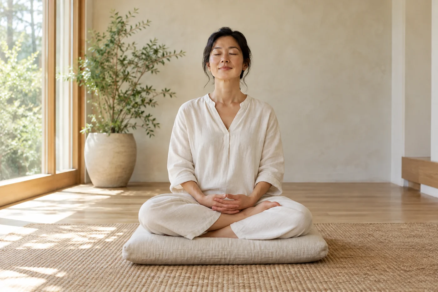 A woman meditating in half lotus with crossed fingers resting in her lap