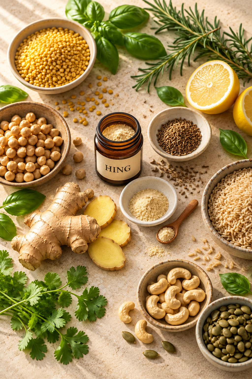 Hing (asafoetida), cumin, ginger, lemon, fresh herbs, grains, pulses, nuts and seeds on a sunlit stone kitchen table